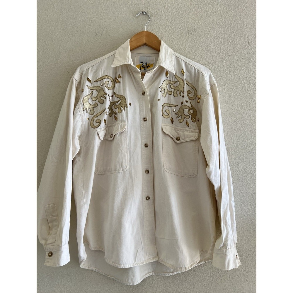 Vintage Philip Noel Women M Cream Gold Studded Embroidered Western Shirt USA